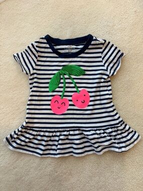 Girls Navy Stripe Sparkly Cherry Peplum Tee